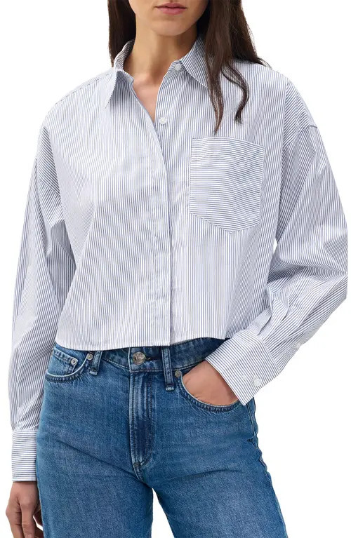 rag & bone Marin Stripe Crop Cotton Button-Up Shirt in White Stripe at Nordstrom, Size Medium | Nordstrom