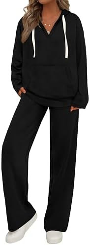 PRETTYGARDEN Womens 2 Piece Outfits Fall Sweatsuits Oversized V Neck Hoodie Wide Leg Sweatpants T... | Amazon (US)