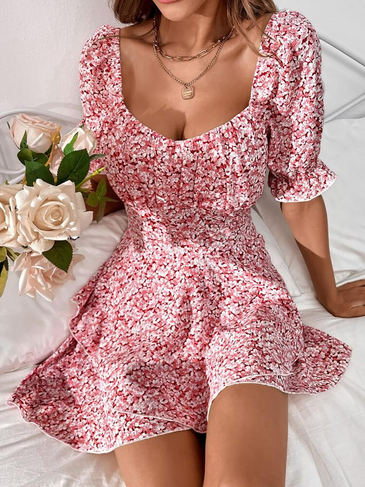 Floral Print Flounce Sleeve Romper | SHEIN