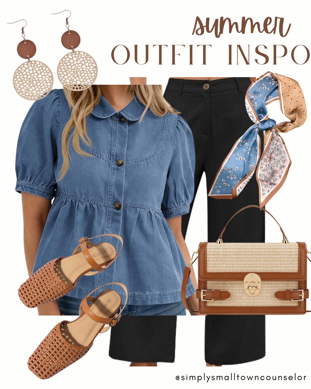 ☀️ Summer outfit inspo coming your way 🤎
Loving this easy mix of feminine + classic with the denim peplum top, black pants, woven accessories & the prettiest scarf detail ✨ Perfect for brunch, errands, or a casual date night! 

 #LTKootd #LTKWorkwear