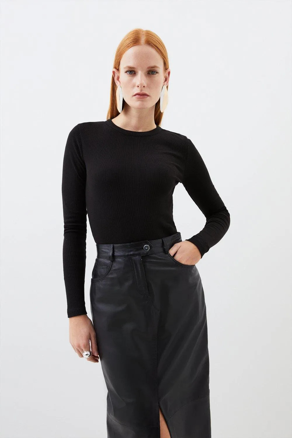 Compact Jersey Long Sleeve Ribbed Top | Karen Millen US