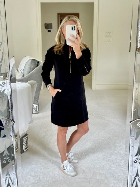 Fall Winter Holiday Look: Black long sleeve Lilly Pulitzer pullover dress, gold and white VEJA sneakers

#LTKstyletip #LTKHoliday #LTKSeasonal