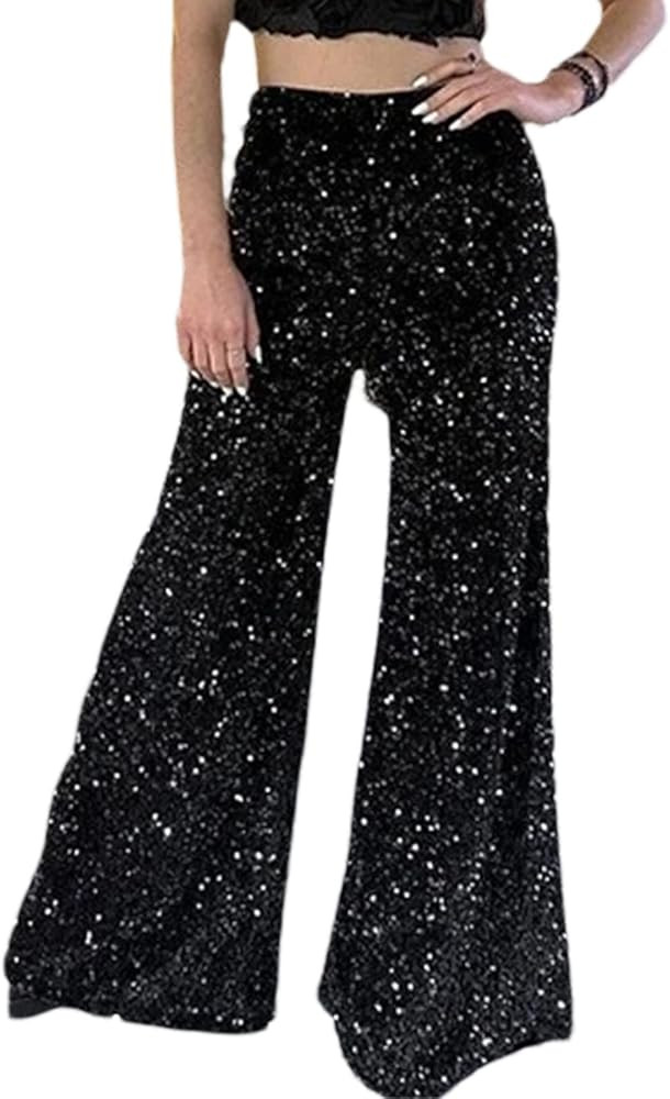 Women Sequin Pants Sparkly Glitter High Waisted Wide Leg Flare Trousers Party Night Out Clubwear | Amazon (US)