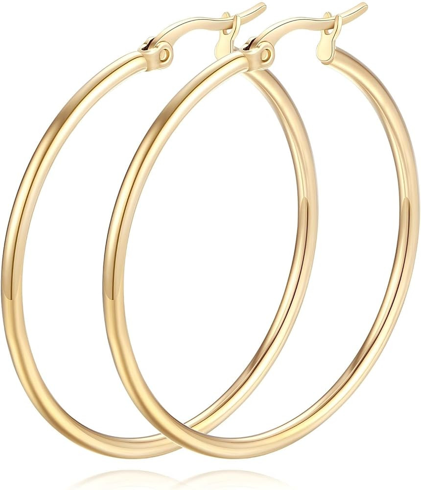 14K Gold Hoop Earrings for Women 14K Gold Earrings Classic Shiny Gold Earring for Women | Amazon (US)