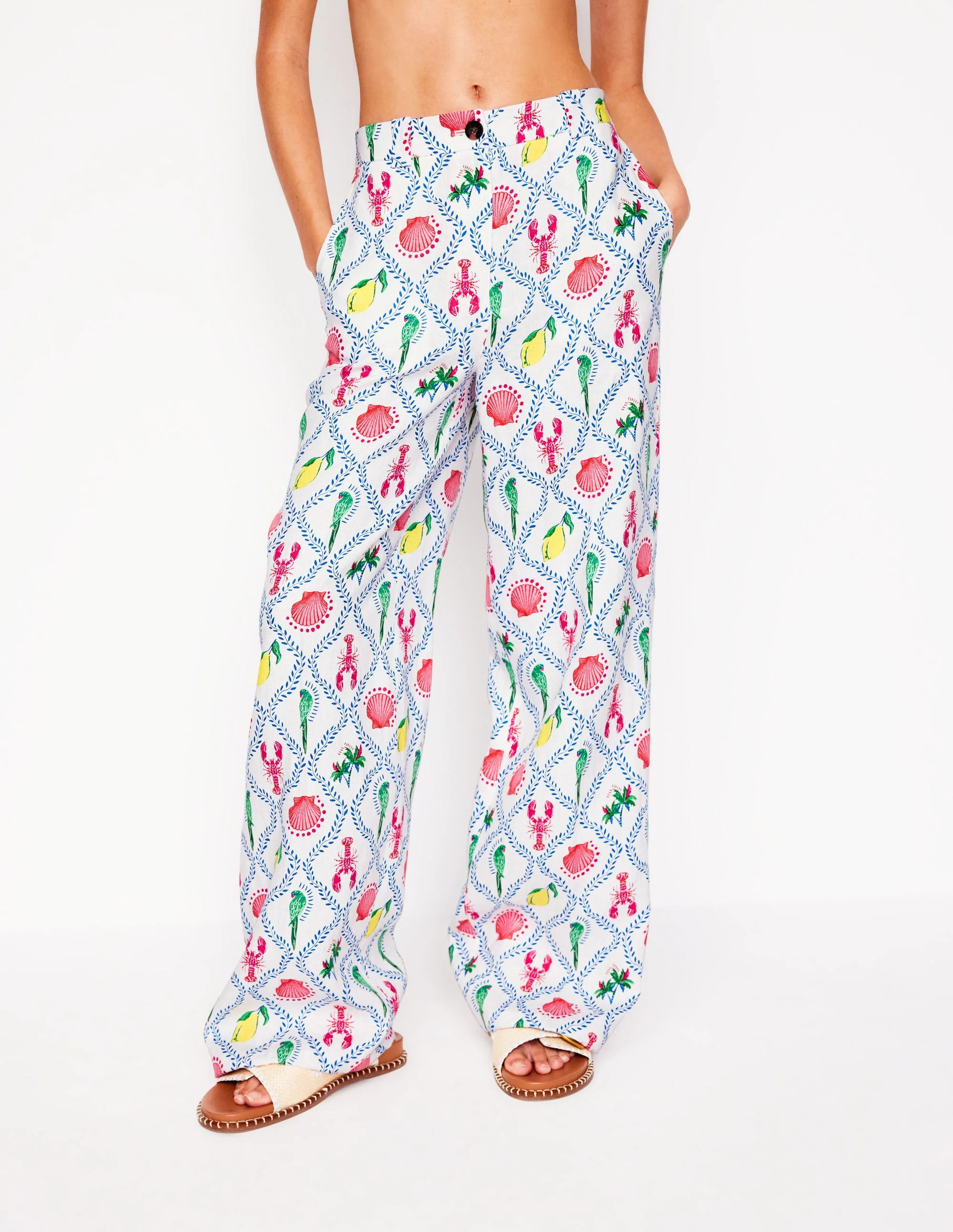 Westbourne Linen Pants-Ivory, Tropical Bonanza Vine | Boden (US)