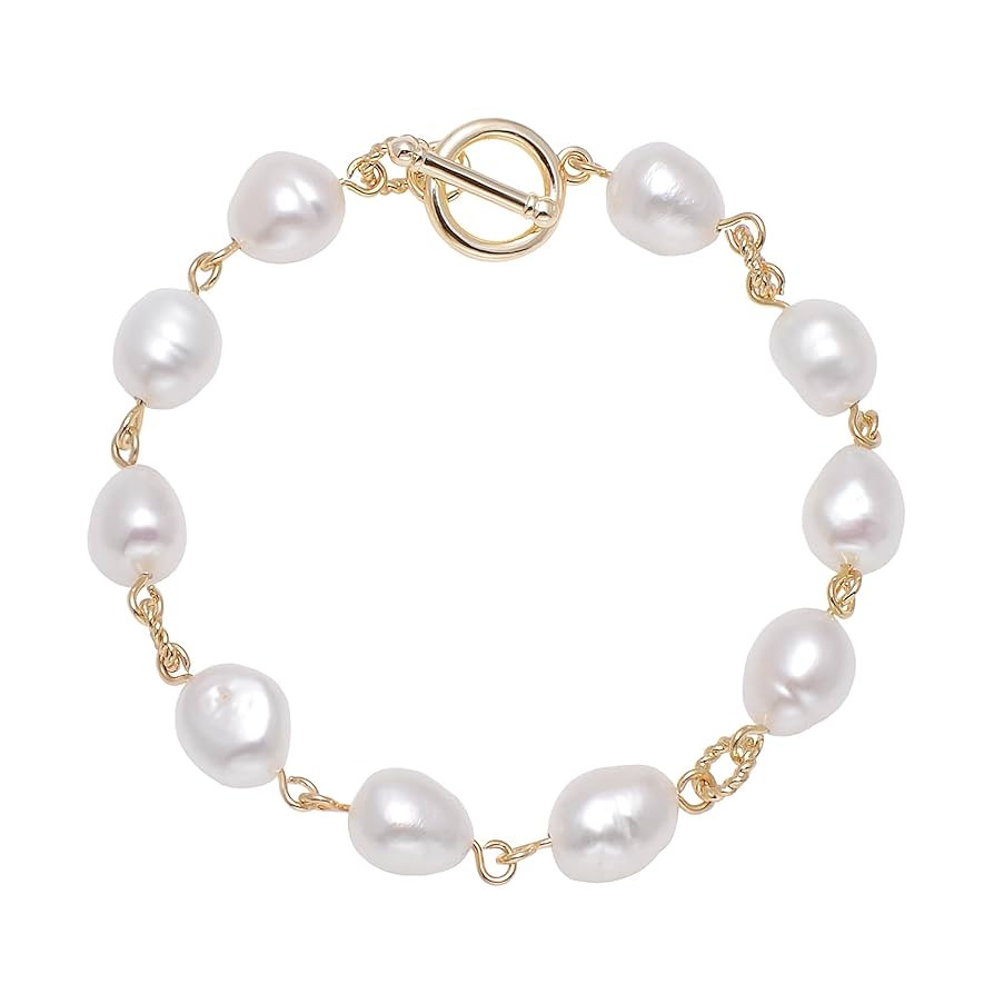 Freshwater Cultured Baroque Pearls Beaded Wire Linked Bracelet Toggle Clasp, 7.5" | Amazon (US)