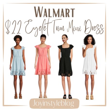 $22 Walmart Time and Tru Women's Square Neck Eyelet Trim Mini Dress, Sizes XS-XXXL / wedding guest dress / church dress / summer dress 

#LTKFindsUnder50 #LTKWedding #LTKOver40