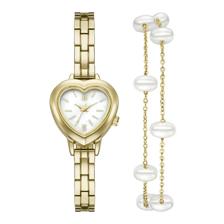 Folio Women’s 2pc Watch & Bracelet Set; 25mm Heart Case, Metal Bracelet, Gold, FMDAL1224 | Walmart (US)