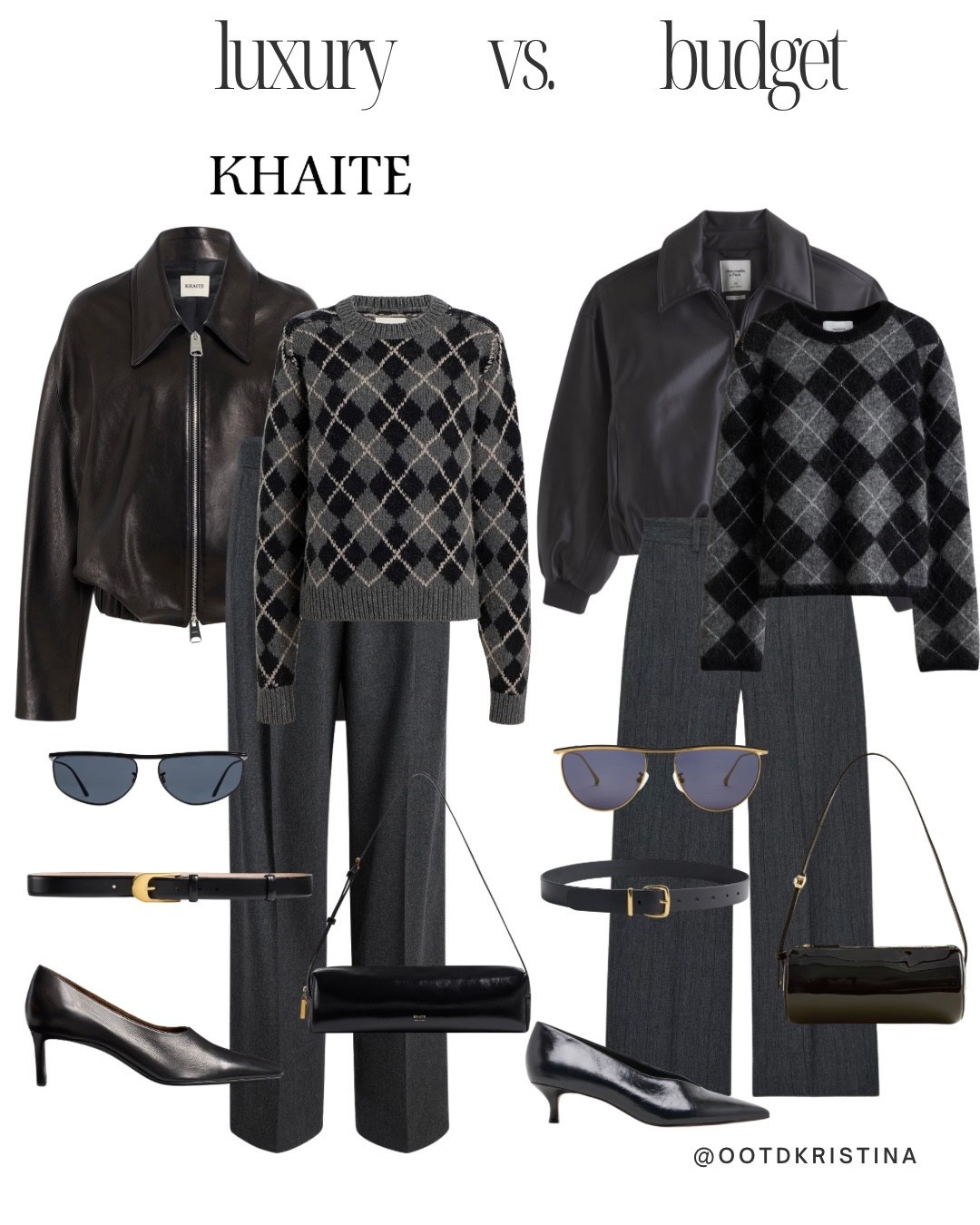 Fall outfit luxury vs. budget edition 
Styling argyle sweater with straight leg pants, a leather bomber, pumps and a bag #argyle #sweater #jacket #bomberjacket #falloutfit #budget #luxury #khaite 

#LTKFindsUnder50 #LTKFindsUnder100 #LTKSeasonal