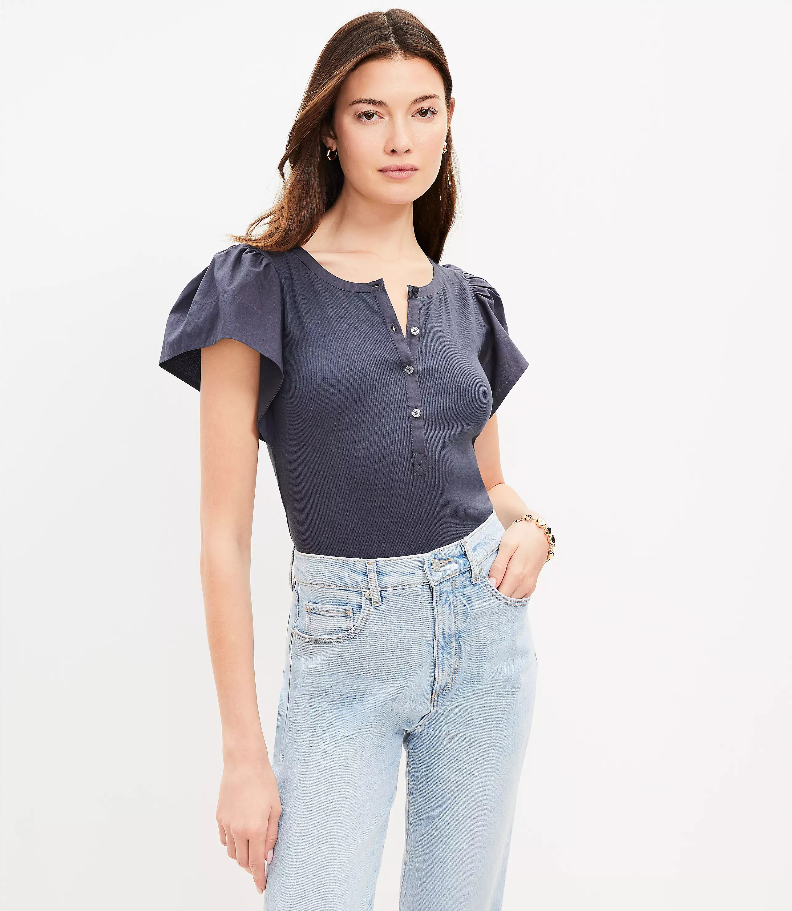Round Sleeve Henley Mixed Media Top | LOFT