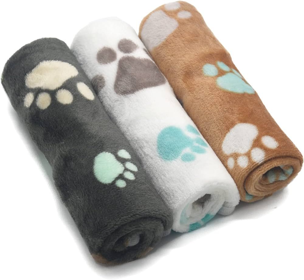 1 Pack 3 Puppy Blankets Super Soft Warm Sleep Mat Cute PAW Print Blanket Fleece Pet Blanket Flann... | Amazon (US)