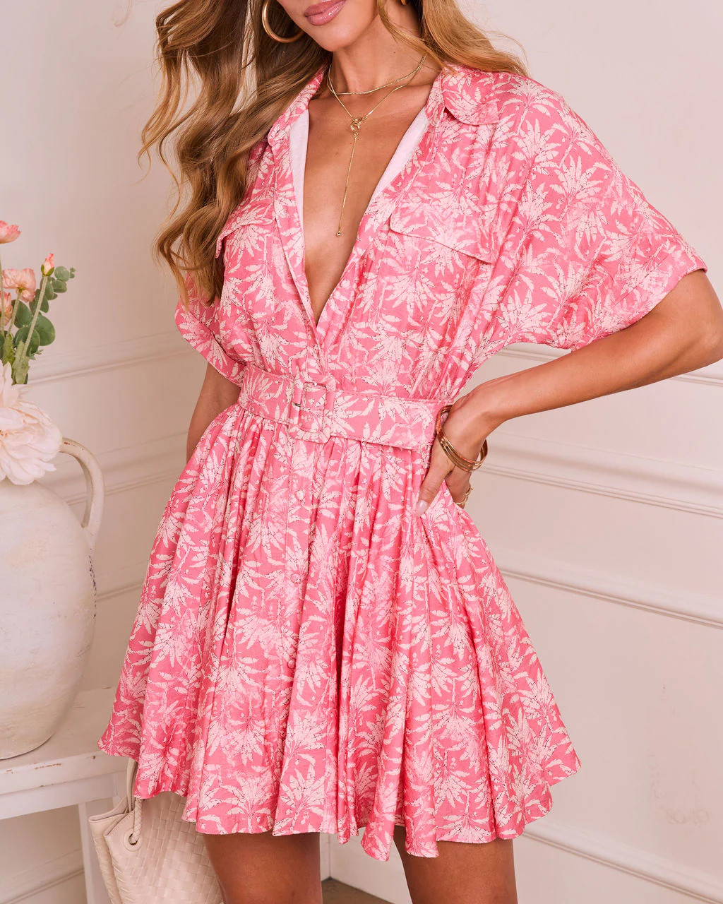 Breezy Lane Belted Palm Print Mini Shirt Dress | VICI