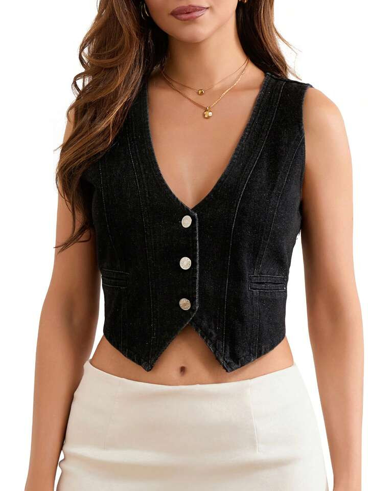 Women's Summer Denim Vest Y2K Tank Tops Sleeveless Waistcoat Low Cut Strapless V Neck Button Down Crop Tops Streetwear | SHEIN