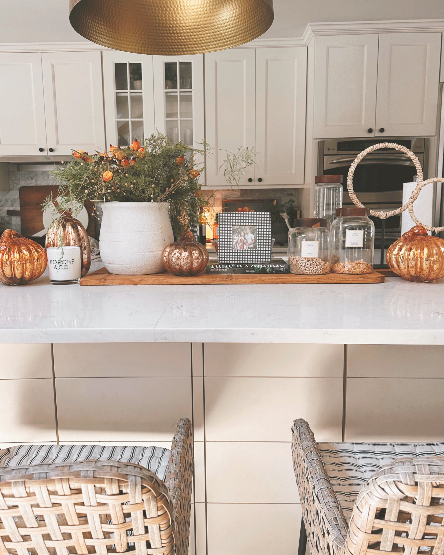 Kitchen island long wood cutting board with pumpkin fall decor 🍁 #kitchen #fall #island 