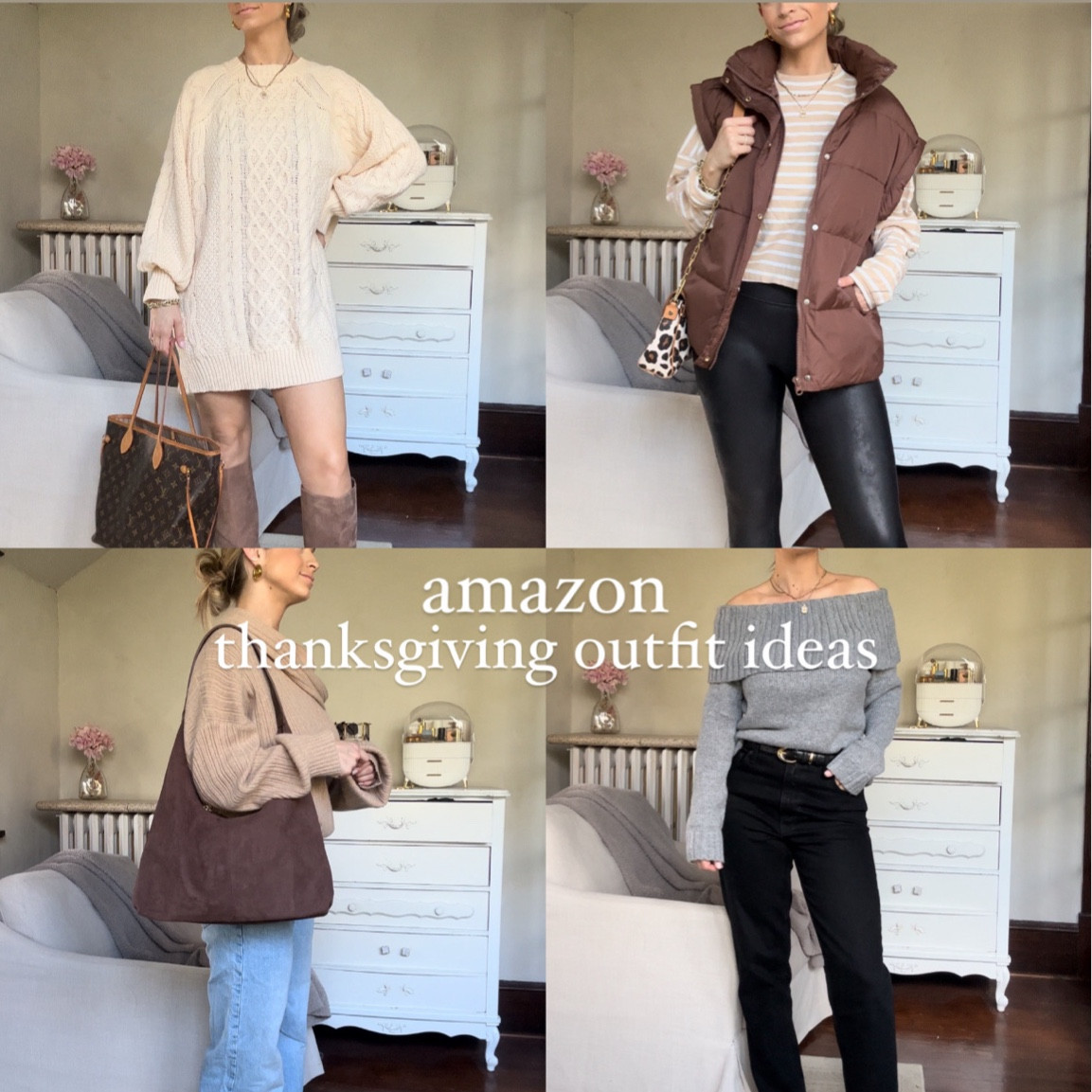 Amazon thanksgiving outfit ideas
Sweater dress
Oversized puffer vest
Suede tote bag
Off the shoulder sweater 
Spanx faux leather leggings 
Spanx discount code ALEXISXSPANX for 20% off!!