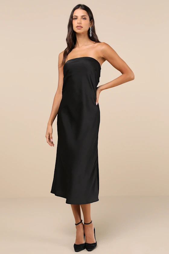 Effortless Bliss Black Satin Strapless Cowl Back Midi Dress | Lulus