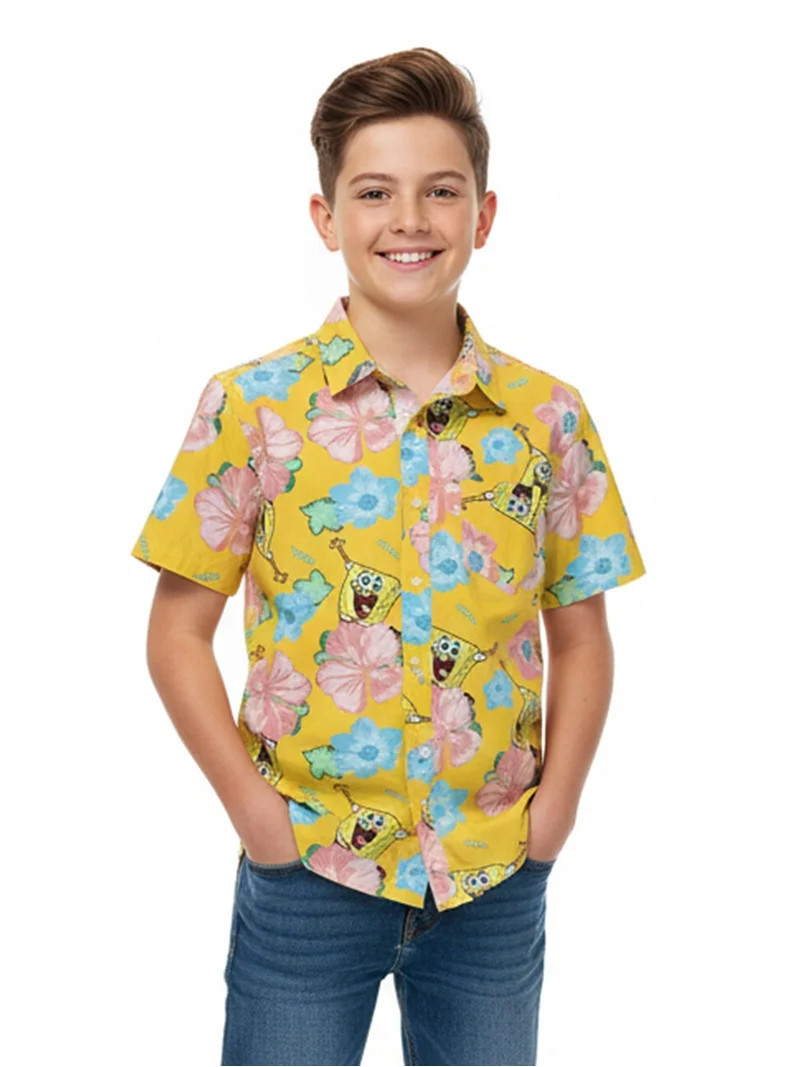 SpongeBob SquarePants Boys Cotton Graphic Button Up Shirt with Short Sleeves, Sizes 4-18 | Walmart (US)