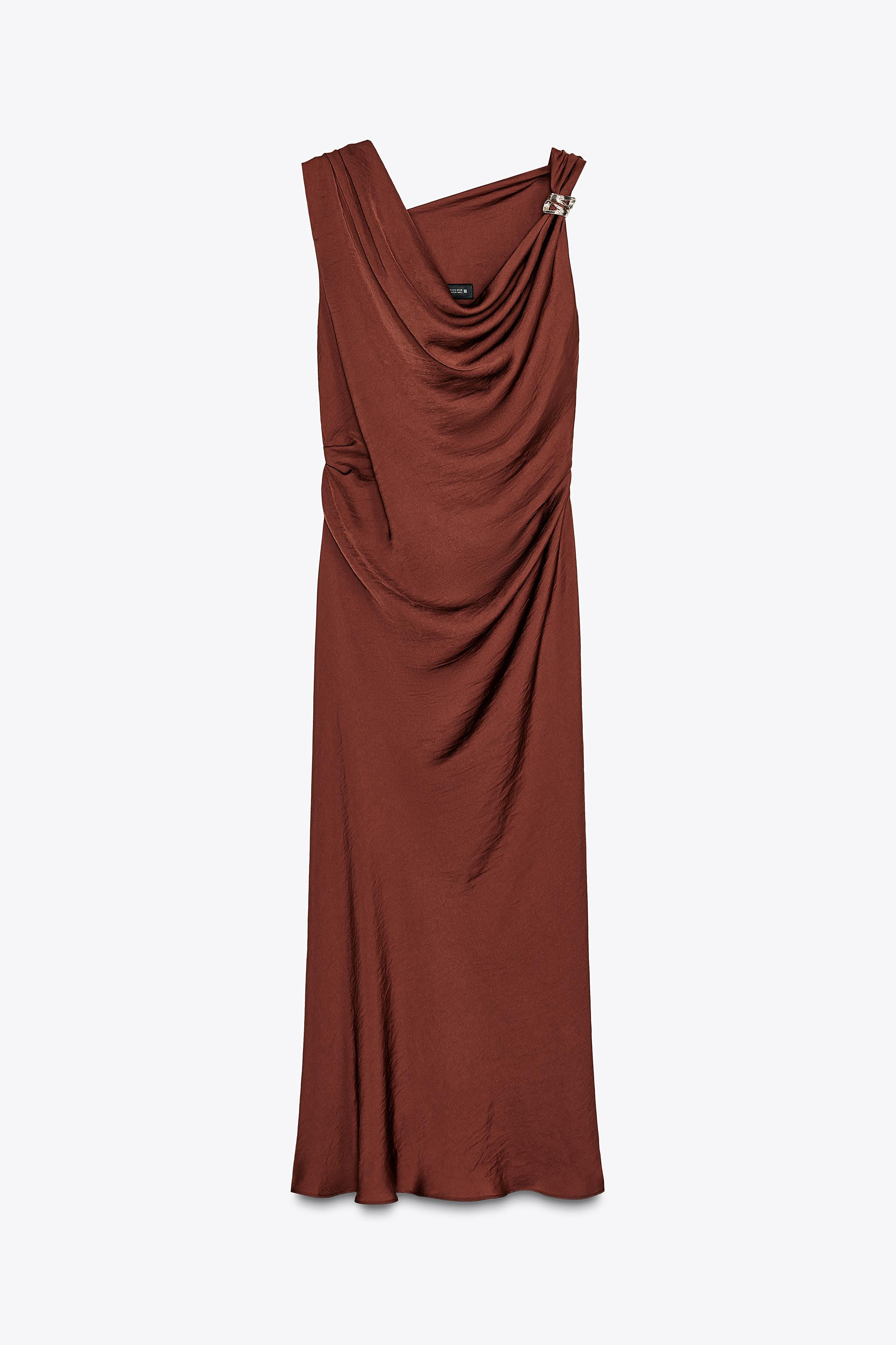 Flowy neck sleeveless dress with gold appliqué on shoulder. Side pleats at waist. | Zara US