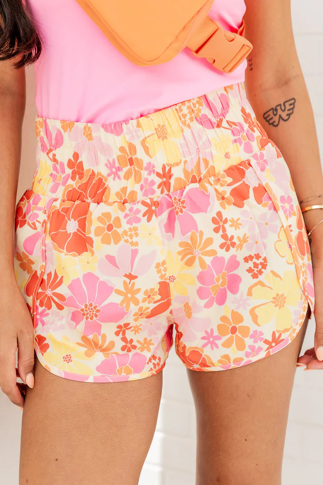 Errands To Run Multi Floral High Waisted Athletic Shorts | Pink Lily