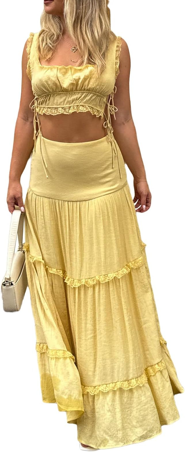 Women 2 Piece Ruffle Maxi Skirt Set Y2k Front Tie Up Tank Top Flowy Ruffle Long Skirts Summer Bea... | Amazon (US)