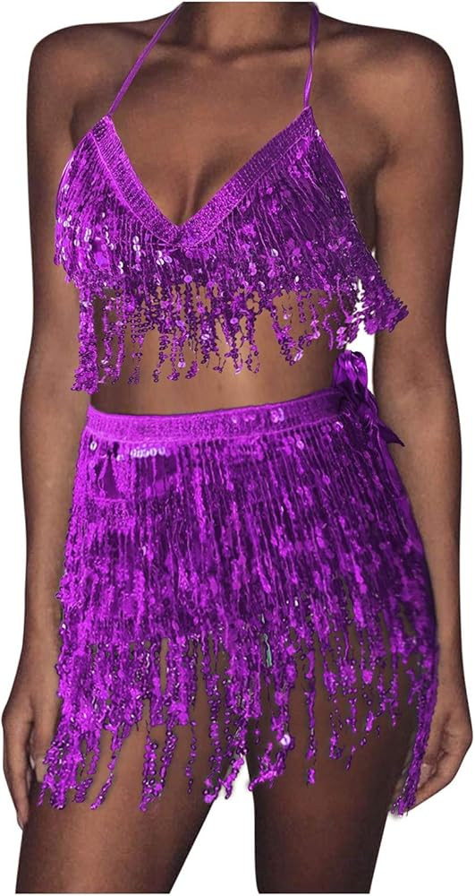 Belly Dance Skirt with Crop Top Sequins Fringe Skirts Set Rave Dance Bra Top Party Costume Outfit... | Amazon (US)