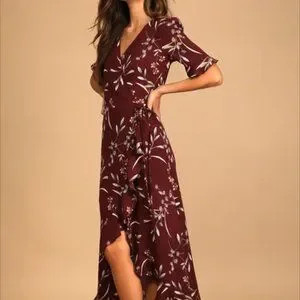 Lulus Wild Winds Burgundy Floral Print High Low Wrap Dress (NWT) | Poshmark