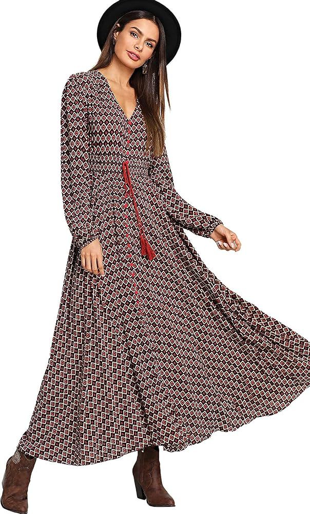 Milumia Women's Button Up Split Long Sleeve V Neck Multicolored Flowy Party Maxi Dress | Amazon (US)
