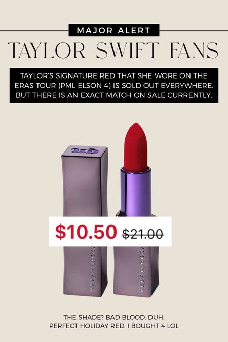 A dupe for Taylor Swifts forever sold out signature red shade! ON SALE 

Taylor’s real red is Pat McGrath Labs Elson 4. This shade? Bad Blood! 

#LTKCyberWeek #LTKHoliday #LTKSeasonal
