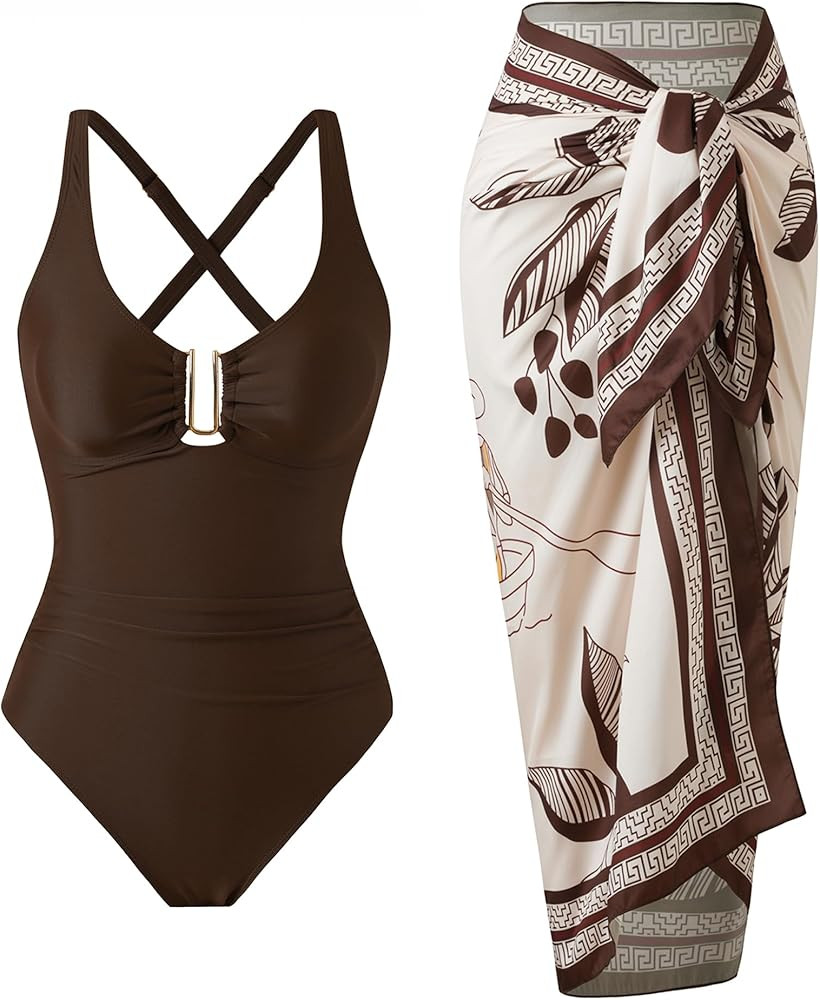 One Piece Swimsuit Women with Cover Up Set Retro Bathing Suit for Women Tummy Control Beach Wrap ... | Amazon (US)
