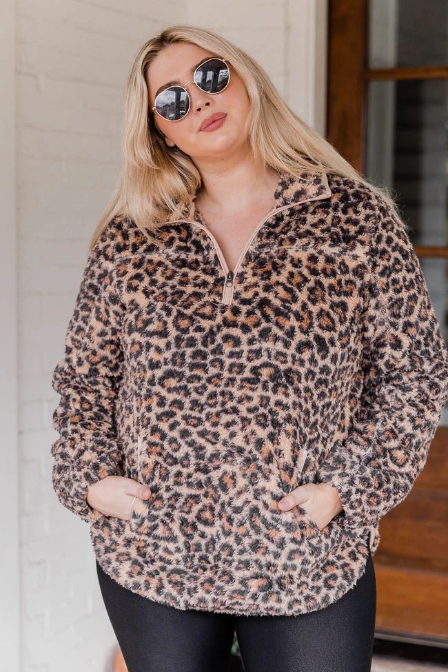 Around The Clock Animal Print Quarter Zip Sherpa Pullover DOORBUSTER | The Pink Lily Boutique