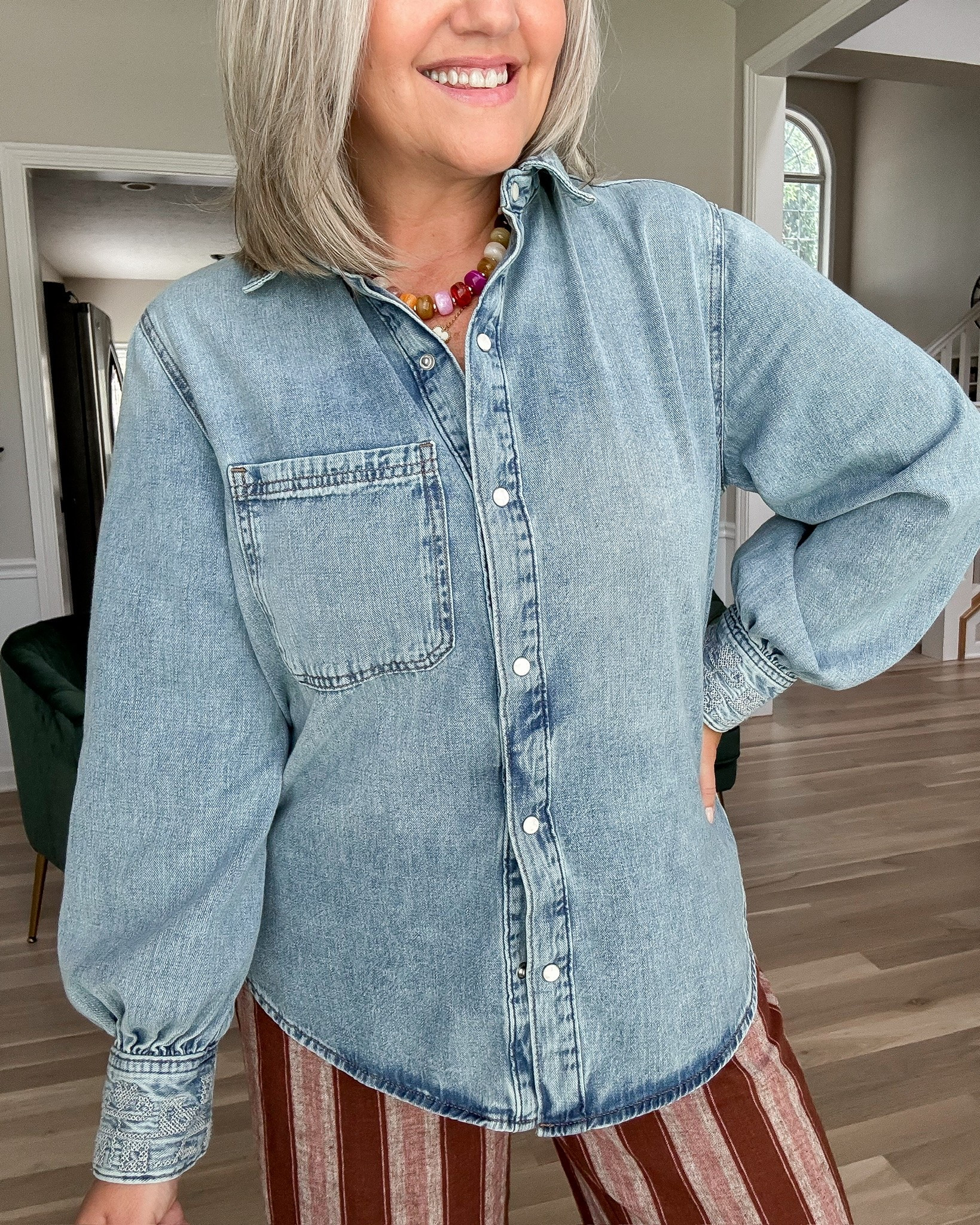 A good denim button-down is one of the hardest-working pieces in my closet. This one is soft from the first wear, layers without feeling bulky, and looks just as good buttoned up with pants as it does worn open over a tank or dress. It’s one of those pieces that never sits in the closet for long.

denim button down, chambray shirt, layering piece, casual outfit, everyday style, fall transition outfit, closet staple, lightweight denim, teacher outfit, lovelylifestyling

#LTKootd #LTKSeasonal #LTKOver40
