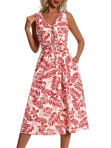HUHOT Tropical Hawaiian Dresses for Women 2025 Sundress Beach Spring Boho Midi Vacation Casual Cotton Sun Dress Red Floral Ladies Sleeveless Teen Summer with Pockets | Amazon (US)