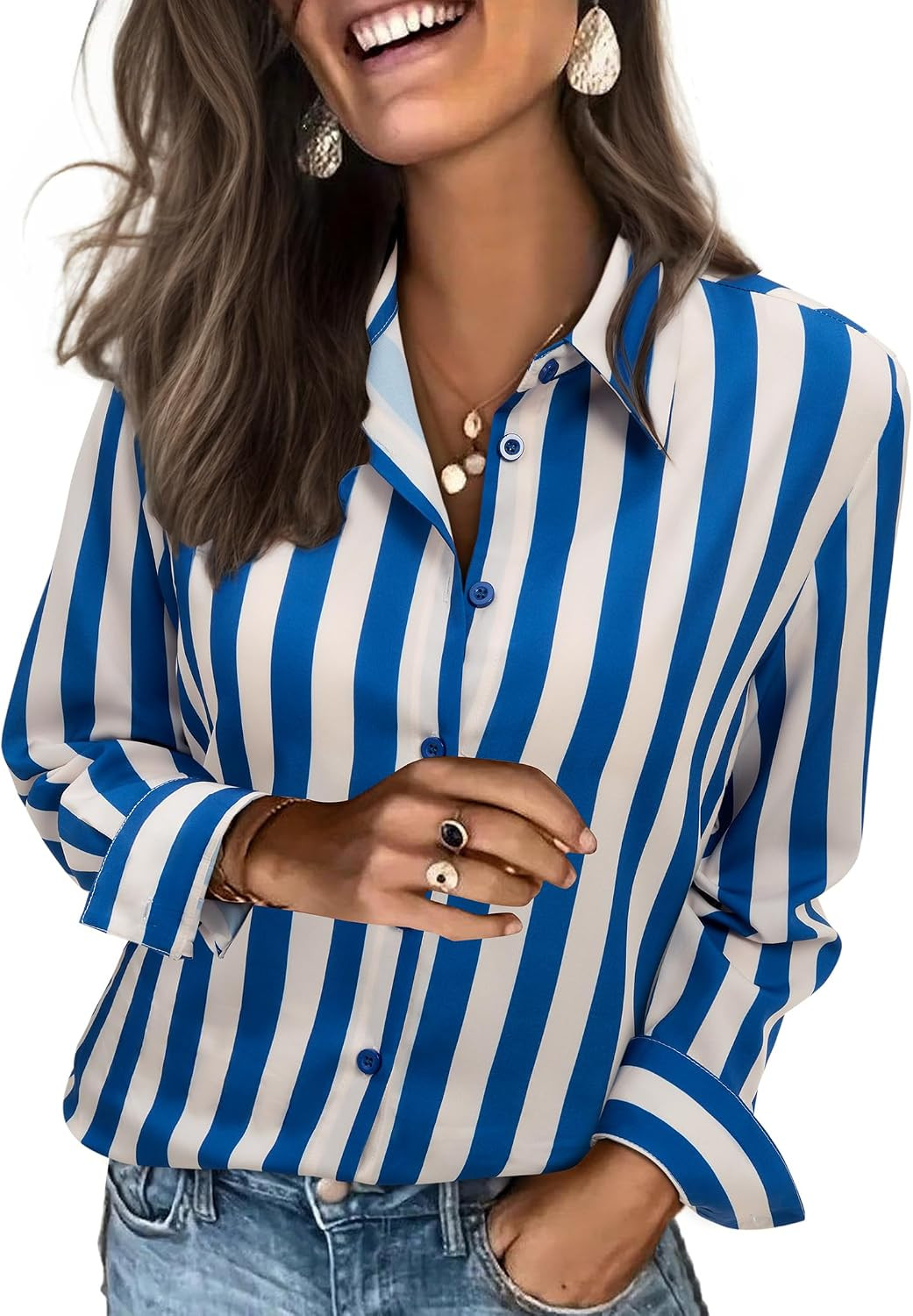 siliteelon Striped Shirt Women Button Down Long Sleeve Work Dress Shirt | Amazon (US)
