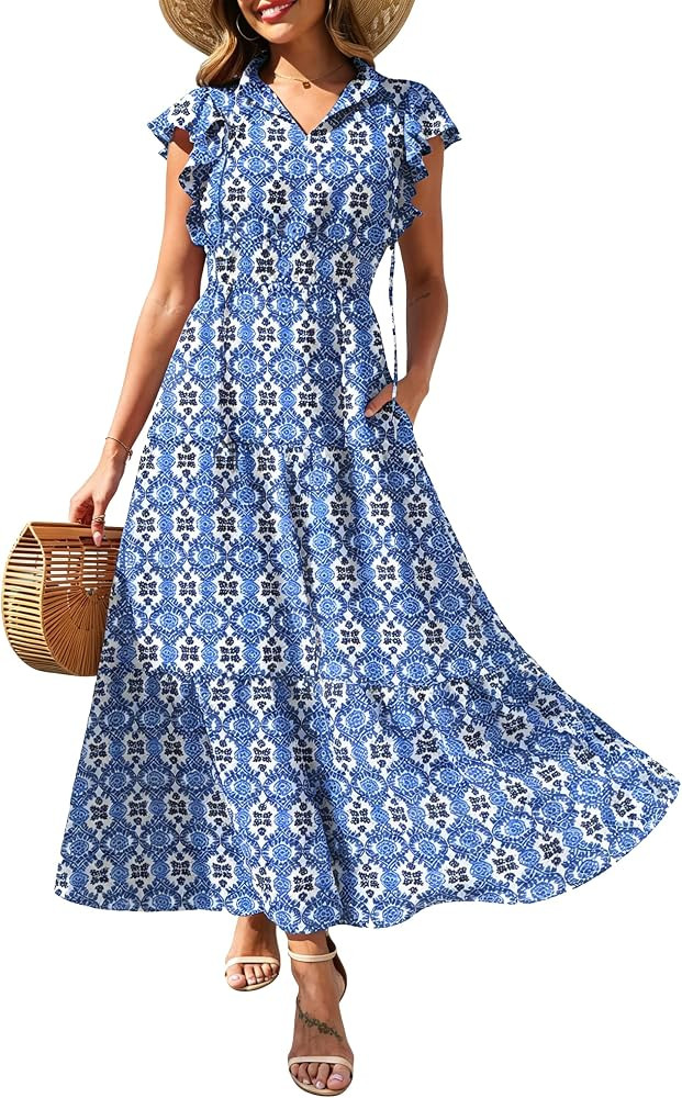 Kranda Women 2026 Summer Self-tie V Neck High Waist Ruffle Cap Sleeve Casual Long Boho Floral Tie... | Amazon (US)
