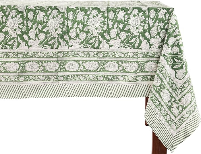 ATOSII Meraki Green 100% Cotton Fall Tablecloth, Handblock Print Rectangle Table Cover for Kitche... | Amazon (US)