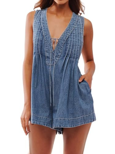 AnotherChill Women's Denim Romper Sleeveless Casual Rompers V-Neck Tie Front Jean Summer Overall Shorts with Pockets 2024 (Dark-Blue, X-Large) | Amazon (US)