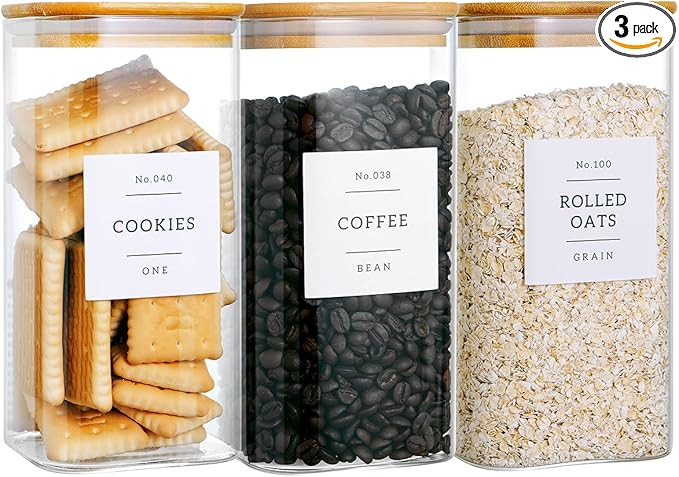 CZZGSM 3 Pack Square Glass Kitchen Storage Jars with Airtight Bamboo Lids and 132 Pantry Labels -... | Amazon (US)