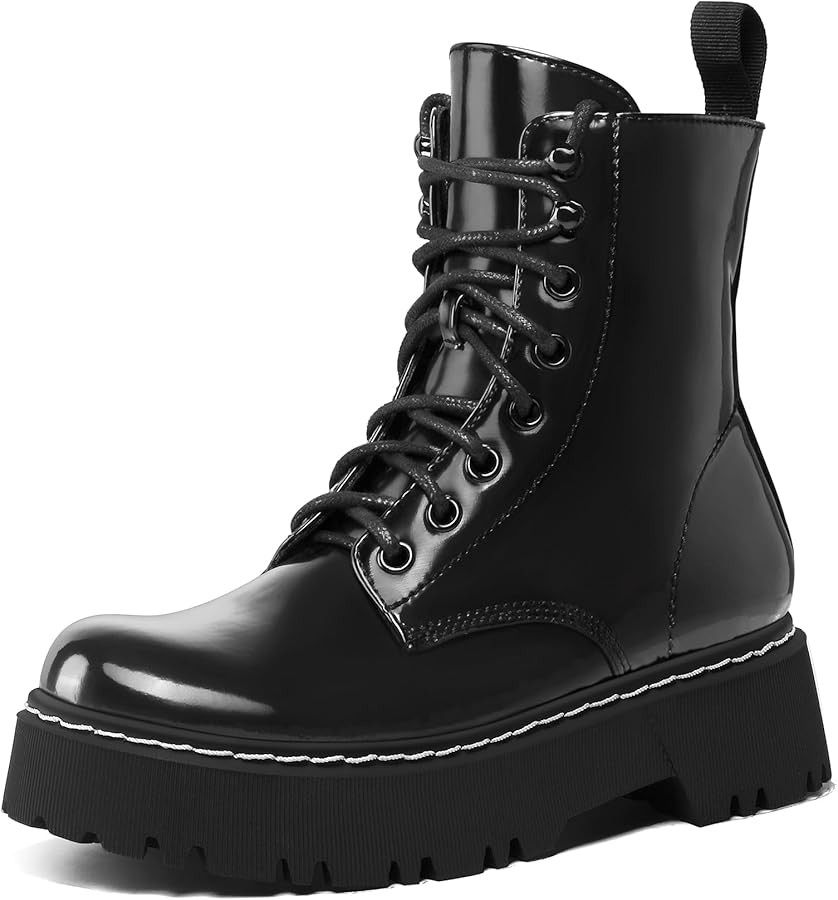 Women's Combat Ankle Boots Lace up Platform Lug Sole Chunky Low Heel Booties with Side Zipper | Amazon (US)