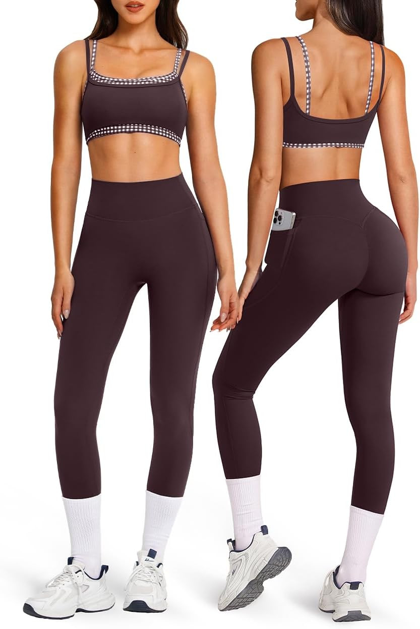 OMKAGI Layered Womens Workout Sets Strappy Sports Bra Leggings Gym Outfits | Amazon (US)