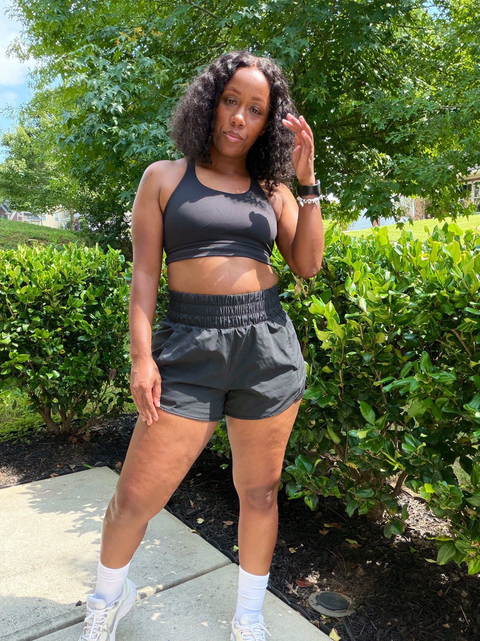 I’m wearing a black sports bra, black running shorts with built-in biker shorts, white socks and sneakers for a daily walk.

#LTKActive #LTKOver40 #LTKootd