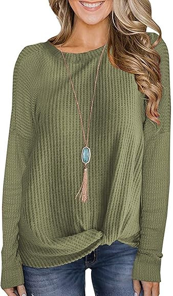 MarinaPrime Womens Waffle Knit/Cotton Blend Twist Knot Pullover Tops Loose Fitting Plain Shirts | Amazon (US)