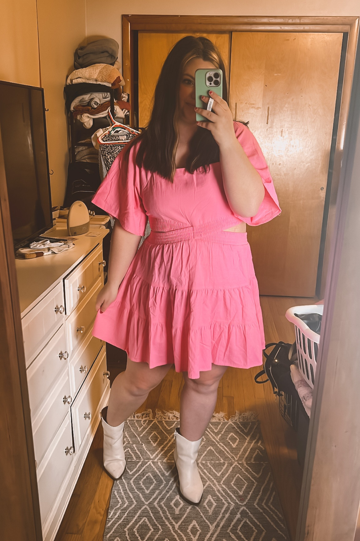 Pink dress, bachelorette dress, summer dress, wedding guest dress, concert dress, concert outfit, white booties, western boots 

#LTKSeasonal #LTKcurves #LTKunder50