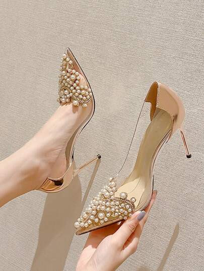Women's Handmade Pearl Floral Decor Transparent High Heel Pointed Toe Stiletto Fashion Silver & C... | SHEIN