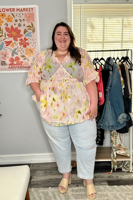 Plus Size OOTD! Spring is in the air and I am dressing the part in this outfit. I paired this floral sheer top from Target's Future Collective line (4X - runs generous) - wearing a tank top underneath - with a pair of light wash jeans from Target (28 - these are no longer available so I linked similar), and a pair of platform heels from Lane Bryant! 