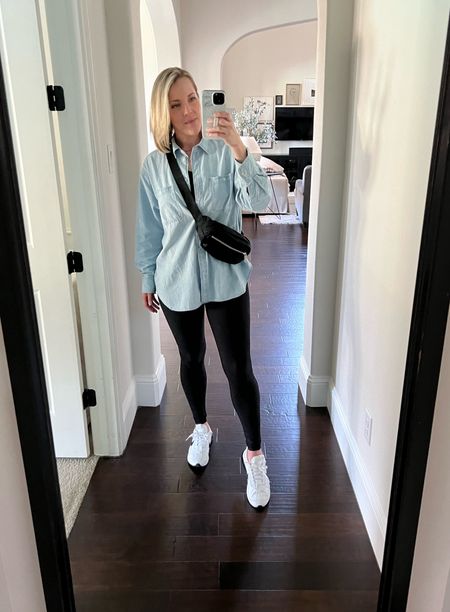 My go to outfit for running errands this Spring.  Thin chambray shirt is the perfect layer and is long enough to cover your backside in leggings.

#LTKhome #LTKFind