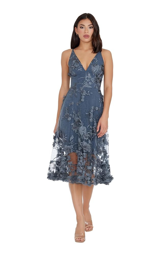 Dress the Population Women's Audrey Spaghetti Strap Midi A-line 3D Floral Dress | Amazon (US)