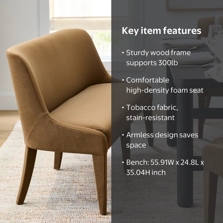 Better Homes & Gardens Windsor Upholstered Dining Bench, Tobacco | Walmart (US)