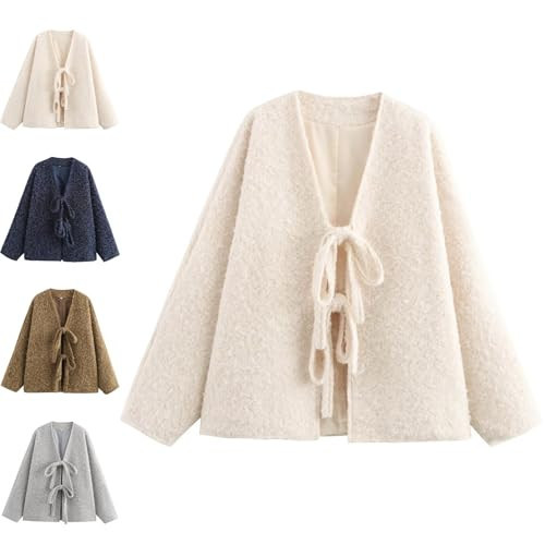 Women's Fuzzy Tie Front Jacket, Oversized Short V Neck Bow Warm Coats, Long Sleeve Tie Front Bow Fuzzy Coat Fall Winter (Beige,S) | Amazon (US)