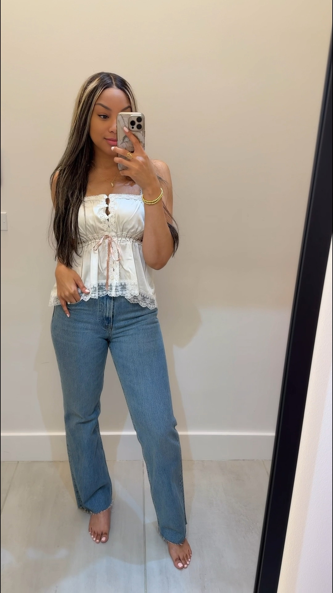 Abercrombie cute Spring outfit idea 😍 LOVE this cami! Wearing size XS, size 27 Long in 90s Relaxed jeans 🤍

Spring outfit top casual satin girly romantic denim blue jeans sale lace Abercrombie & Fitch 

#LTKSaleAlert #LTKSpringSale