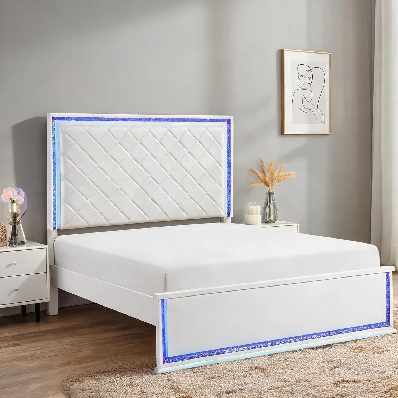 SunJet King Upholstered Bed with LED Headboard Crisp White Faux Leather Diamond Stitching Silver Trim one_size | JIVSSHFEOFFQ | Lowe's
